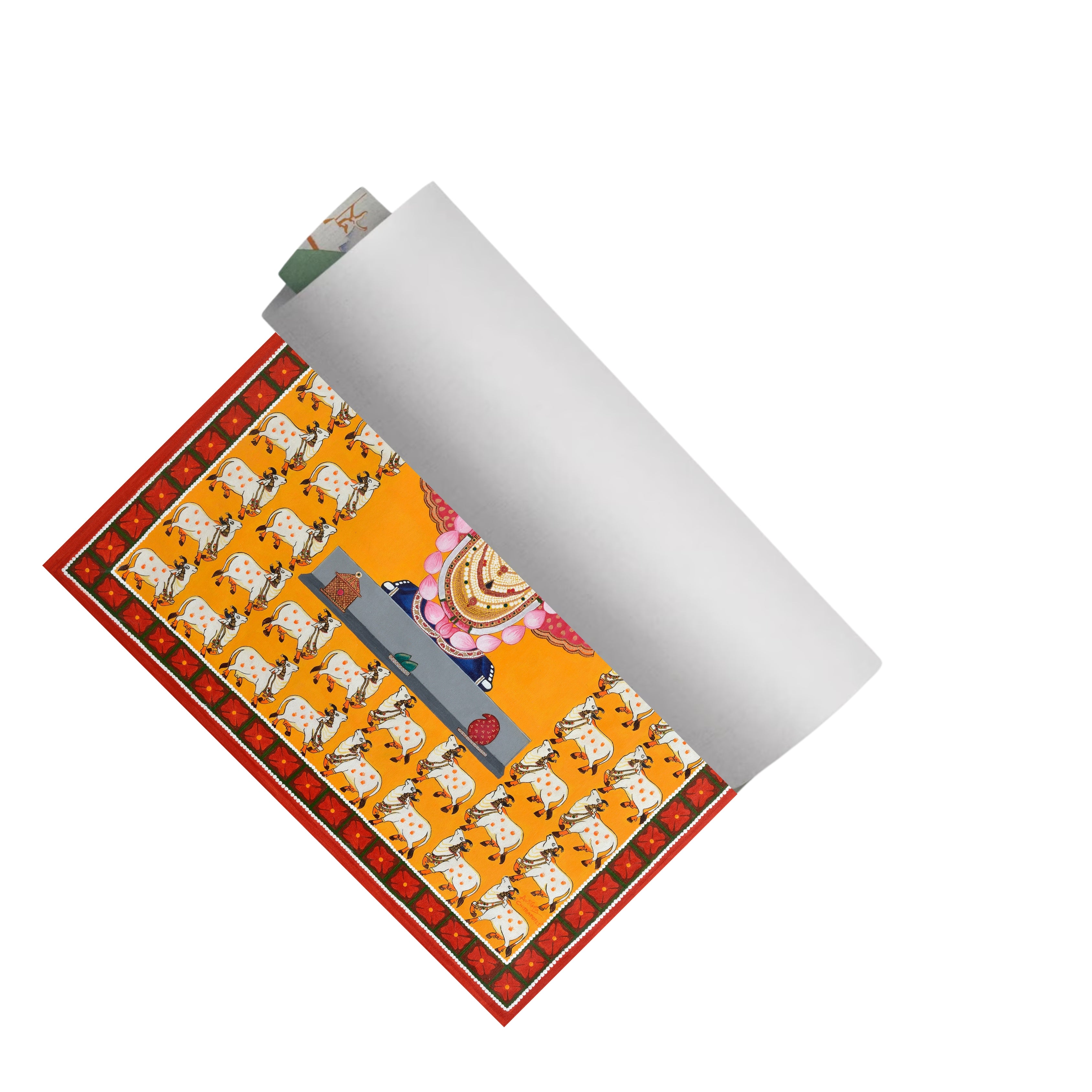 Shrinathji Pichwai Art with 64 Cows | Spiritual Indian Folk Art Canvas and Framed for Home & Office Décor