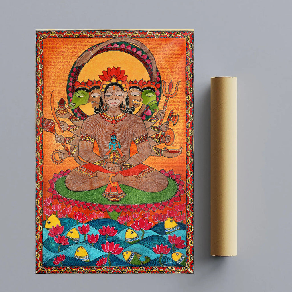 Panchmukhi Hanuman ji Painting | Vastu Art Canvas and Frame for Home & Office Décor | Indian Folk Art |