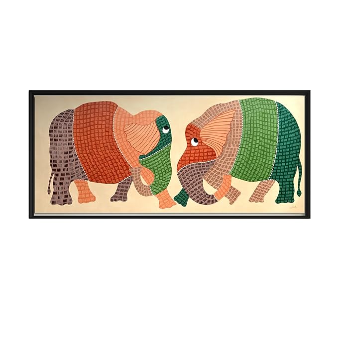 Harmony Elephant Painting | Gond Art Canvas and Frame for Home & Office Décor | Indian Folk Art |