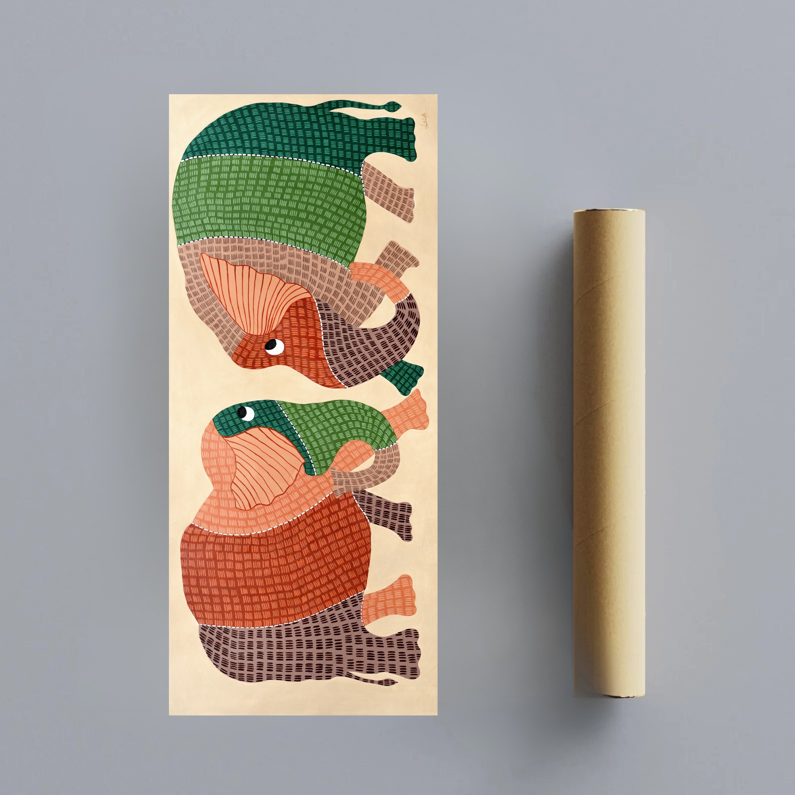 Harmony Elephant Painting | Gond Art Canvas and Frame for Home & Office Décor | Indian Folk Art |