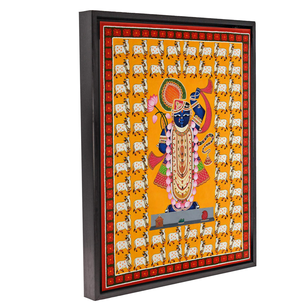 Shrinathji Pichwai Art with 64 Cows | Spiritual Indian Folk Art Canvas and Framed for Home & Office Décor