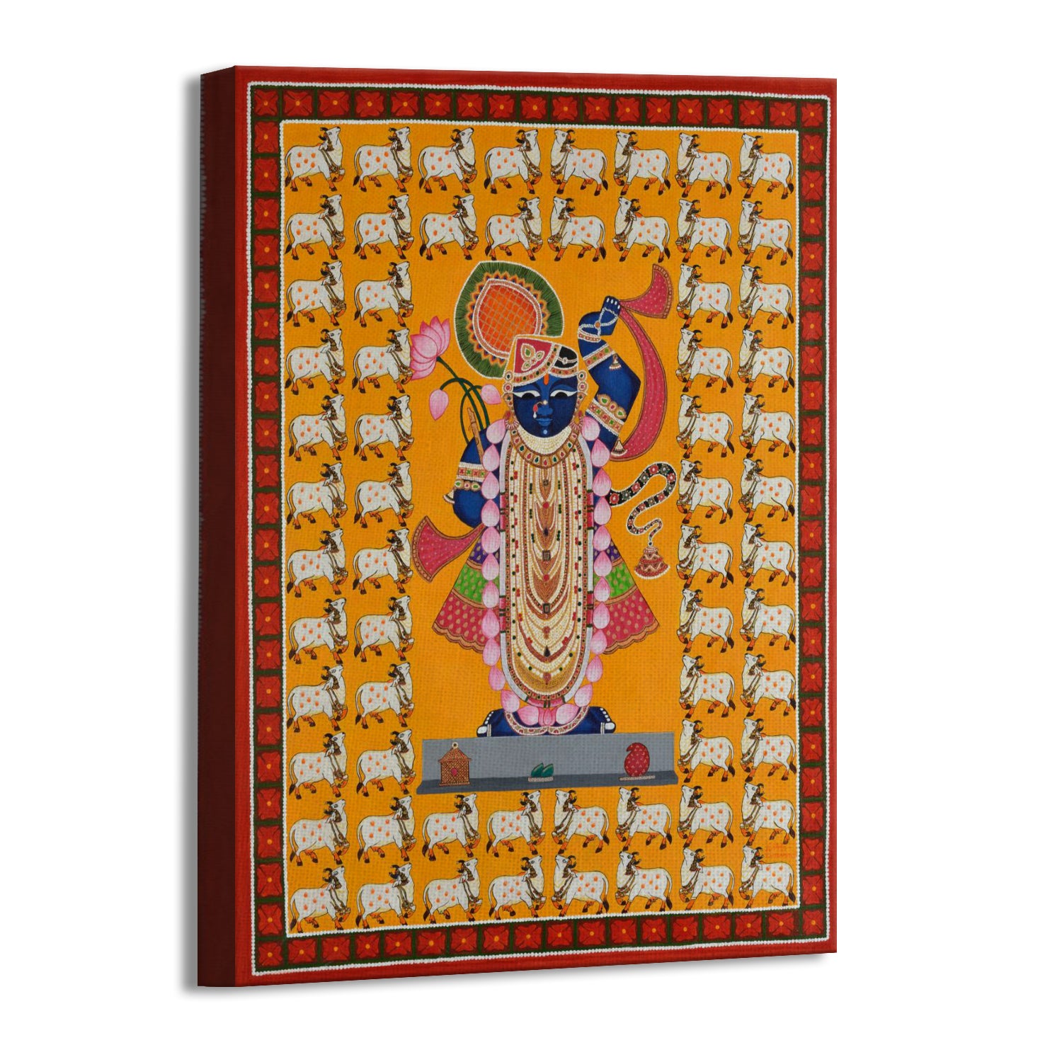 Shrinathji Pichwai Art with 64 Cows | Spiritual Indian Folk Art Canvas and Framed for Home & Office Décor
