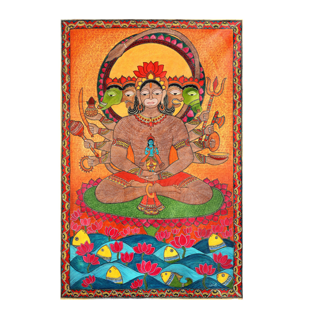 Panchmukhi Hanuman ji Painting | Vastu Art Canvas and Frame for Home & Office Décor | Indian Folk Art |