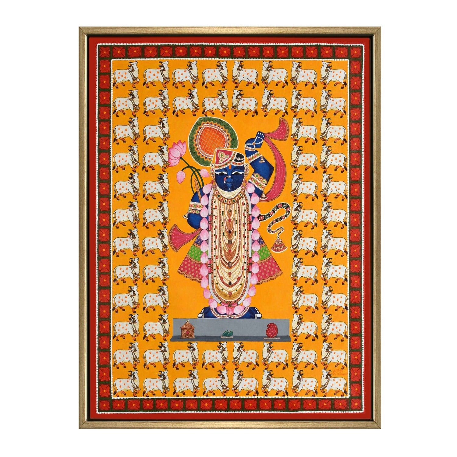 Shrinathji Pichwai Art with 64 Cows | Spiritual Indian Folk Art Canvas and Framed for Home & Office Décor
