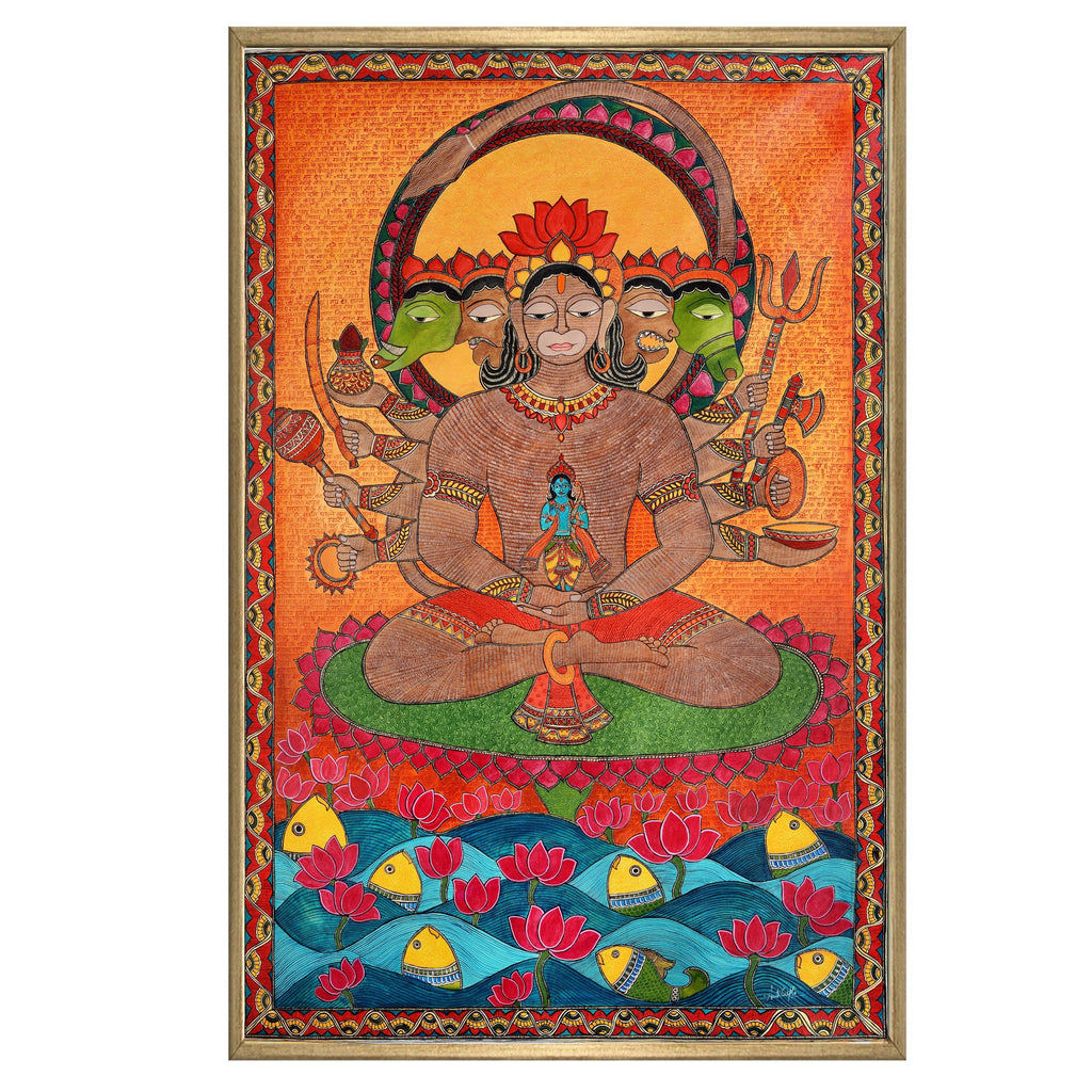 Panchmukhi Hanuman ji Painting | Vastu Art Canvas and Frame for Home & Office Décor | Indian Folk Art |