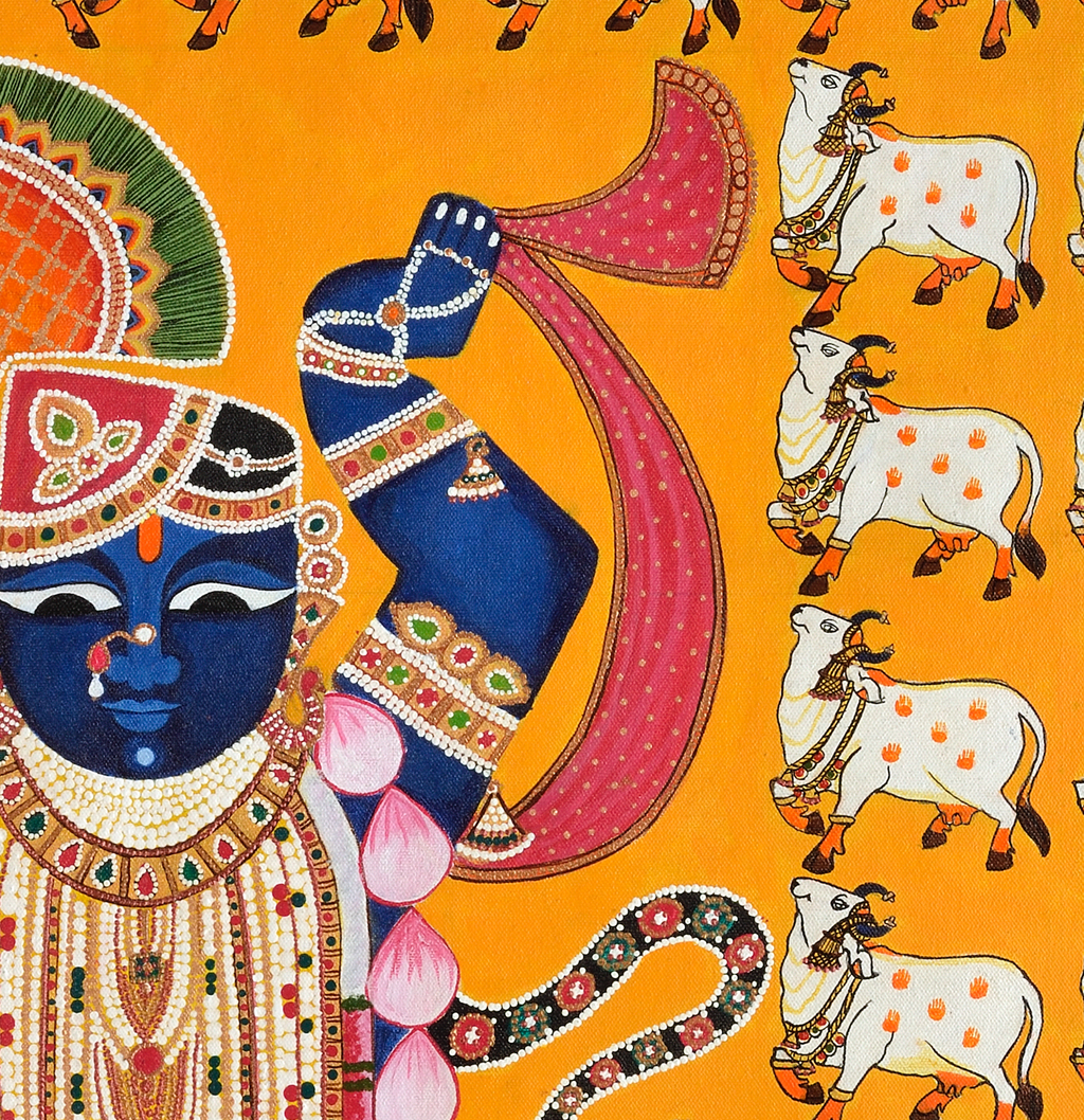 Shrinathji Pichwai Art with 64 Cows | Spiritual Indian Folk Art Canvas and Framed for Home & Office Décor