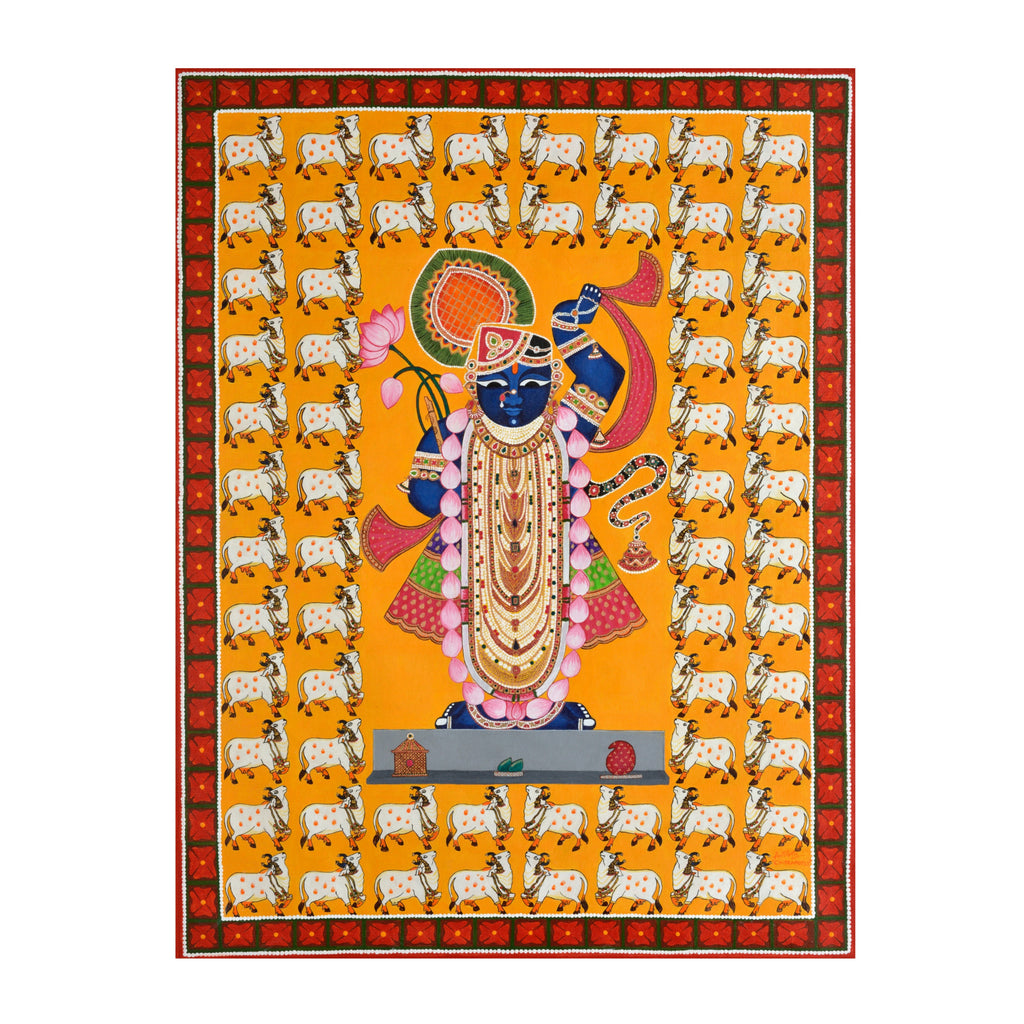 Shrinathji Pichwai Art with 64 Cows | Spiritual Indian Folk Art Canvas and Framed for Home & Office Décor