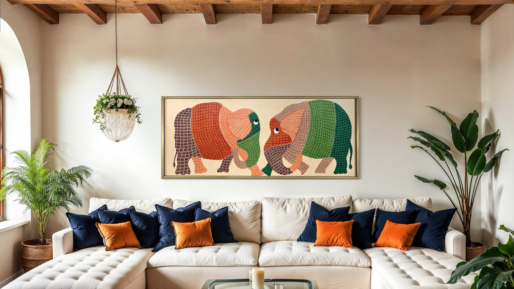 Harmony Elephant Painting | Gond Art Canvas and Frame for Home & Office Décor | Indian Folk Art |