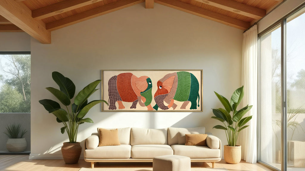 Harmony Elephant Painting | Gond Art Canvas and Frame for Home & Office Décor | Indian Folk Art |