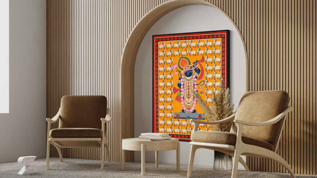 Shrinathji Pichwai Art with 64 Cows | Spiritual Indian Folk Art Canvas and Framed for Home & Office Décor