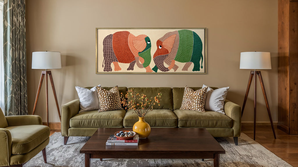 Harmony Elephant Painting | Gond Art Canvas and Frame for Home & Office Décor | Indian Folk Art |