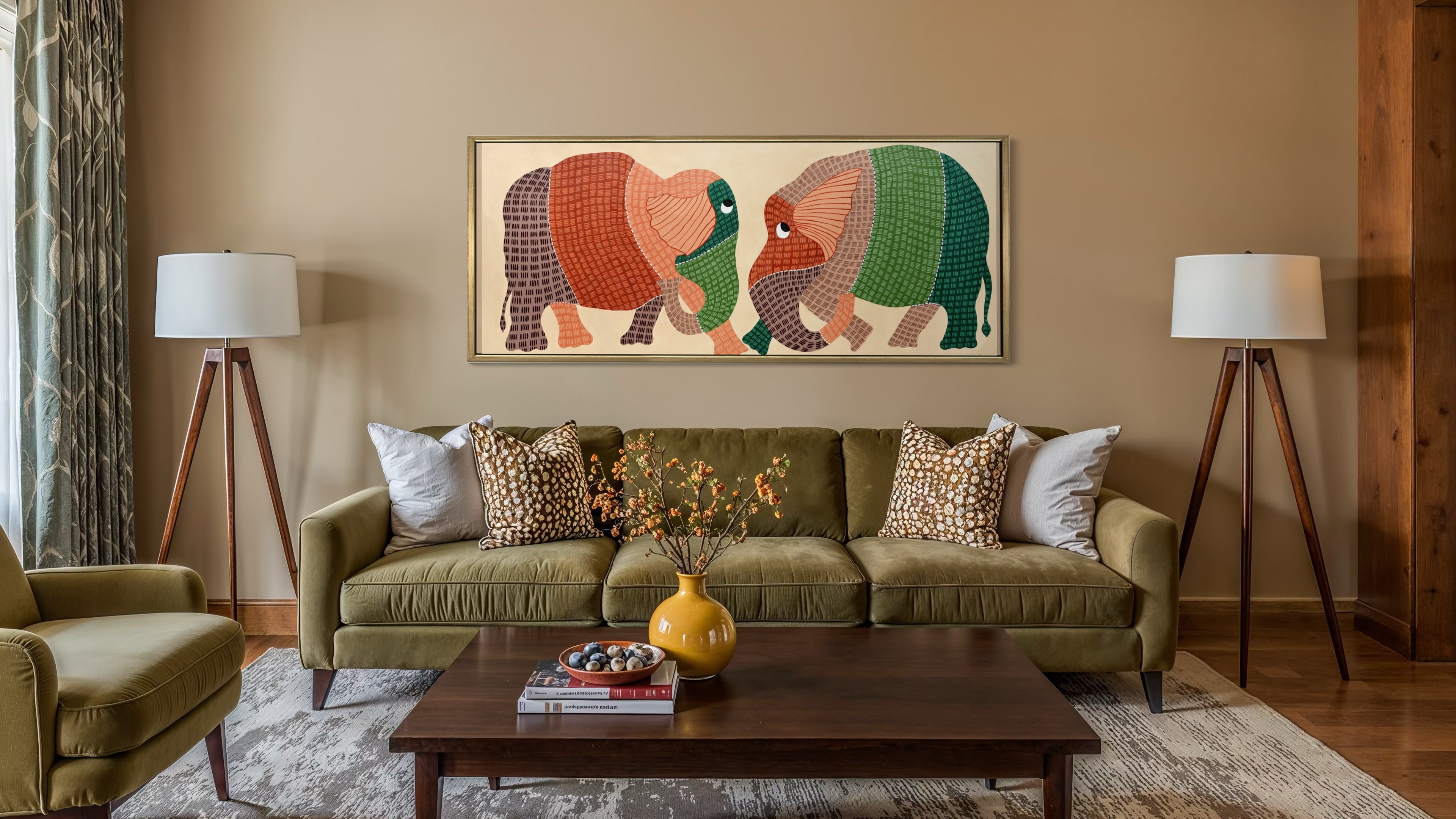 Harmony Elephant Painting | Gond Art Canvas and Frame for Home & Office Décor | Indian Folk Art |